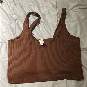 Anemone Brown Ribbed Sleeveless Crop Tank Top